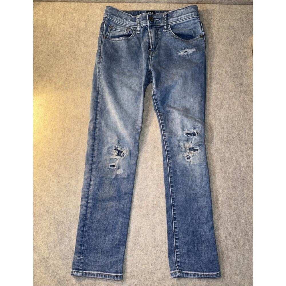Gap Boys Size 8 Stretch Skinny Light Wash Jeans Holes In Knee Adjustable Waist